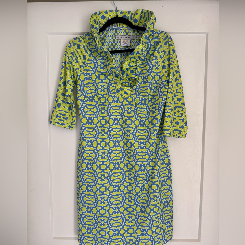 Gretchen Scott Ruffle Neck Geometric Dress